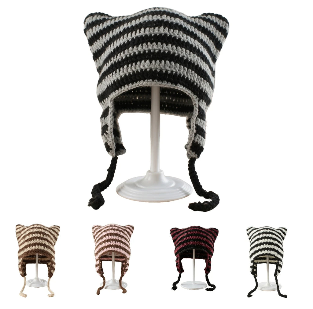 Knotwild striped cat ear crochet earflap winter beanie