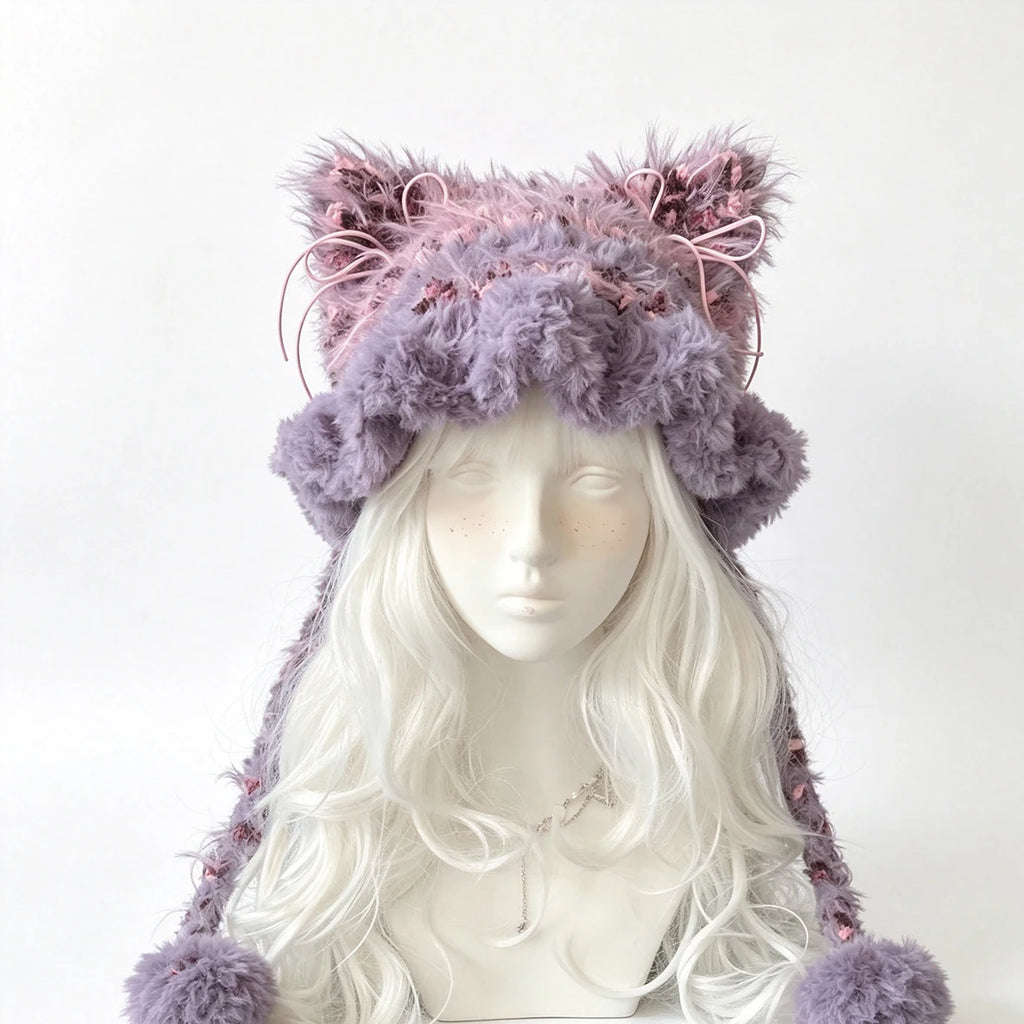 Handmade Purple Cat Ear Beanie Women Crochet Fluffy Winter Warm Knit Hat Girls Kawaii Fairycore Sweet Cosplay Headwarmer Custom