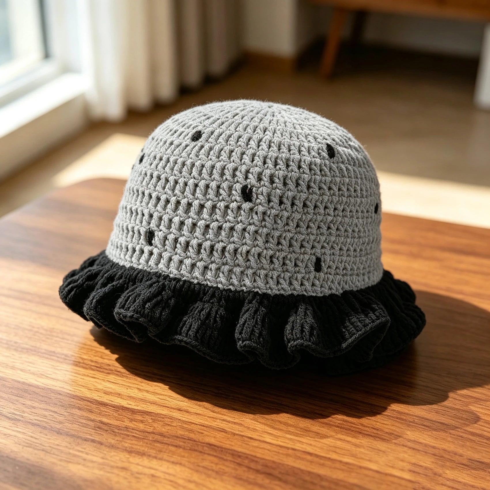 Knotwild watermelon pattern crochet bucket hat with ruffle brim