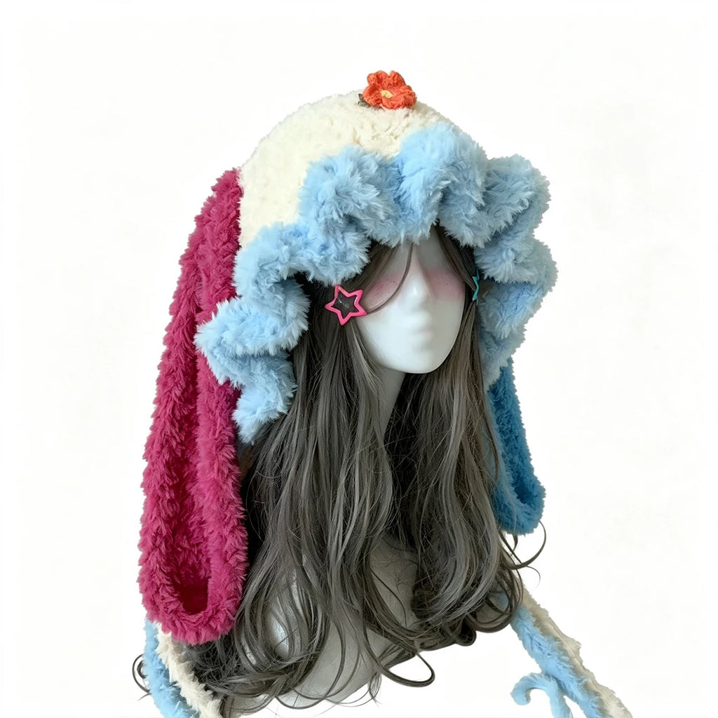 Handmade Crochet Colorful Bunny Rabbit Ears Hat Women Soft Flower Charm Ruffle Knit Beanie Girl Fairy Kawaii Winter Warm Cap