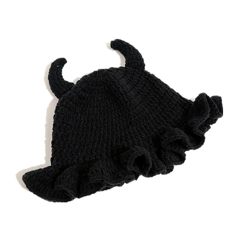 Knotwild cute devil horn crochet bucket hat with ruffle brim