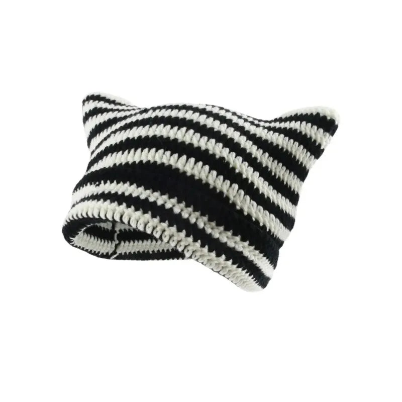 Knotwild warm cat ear striped punk Y2K crochet bucket hat