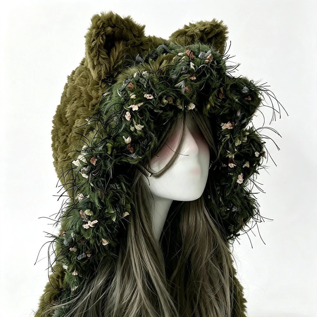 Custom Handmade Crochet Moss Green Cat Ear Plush Woodland Hat Women Fuzzy Soft Knitted Beanie Man Forest Cosplay Winter Hood