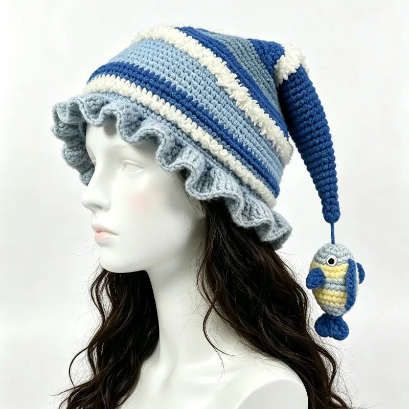 Handmade Colorful Striped Pixie Beanie Hat Women Custom Crochet Fish Ruffled Knit Witch Wizard Hat Cosplay Casual Outdoor Caps