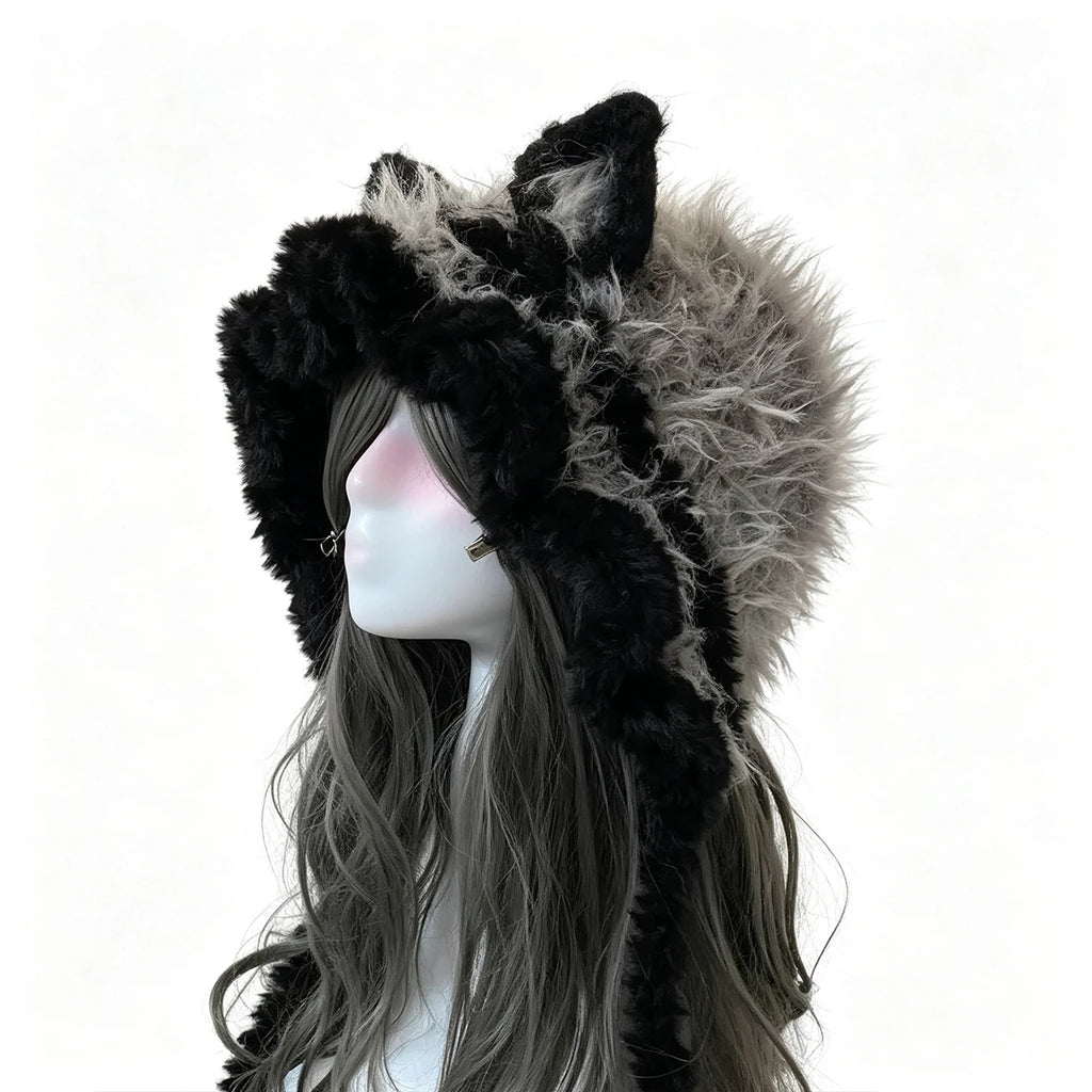 Handmade Custom Crochet  Black Grey Cat Ear Hat Man Soft Fuzzy Knitted Beanie Women Winter Gothic Fairycore Cosplay Headwarmer