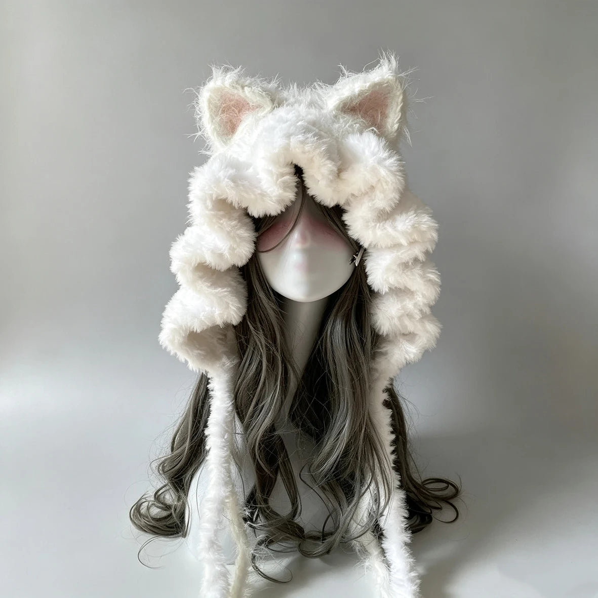 Handmade White Cat Ear Crochet Beanie Women Fuzzy Ruffled Knit Winter Hat Kawaii Fairycore Goblincore Animal Ear Custom Hood