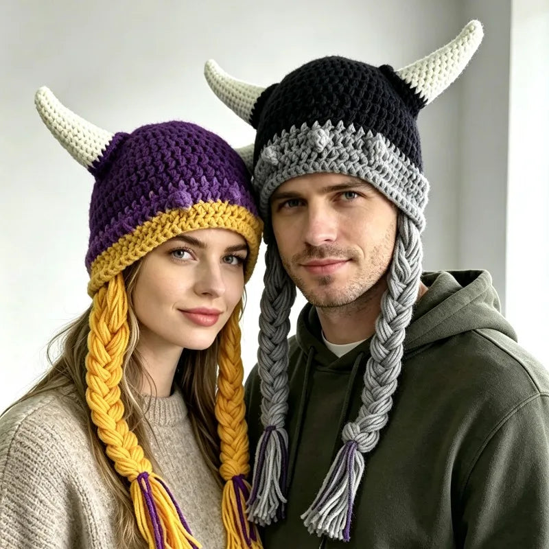 Handmade Colorful Viking Cow Horn Helmet Hat Men Custom Crochet Knit Braid Beanie Women Cosplay Party Unisex Outdoor Cap Boy