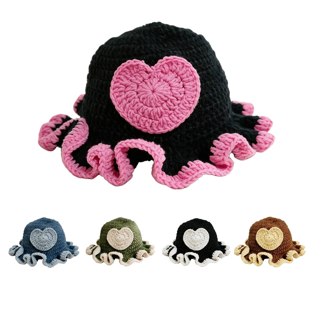Knotwild cute heart patch crochet bucket hat with ruffle edge