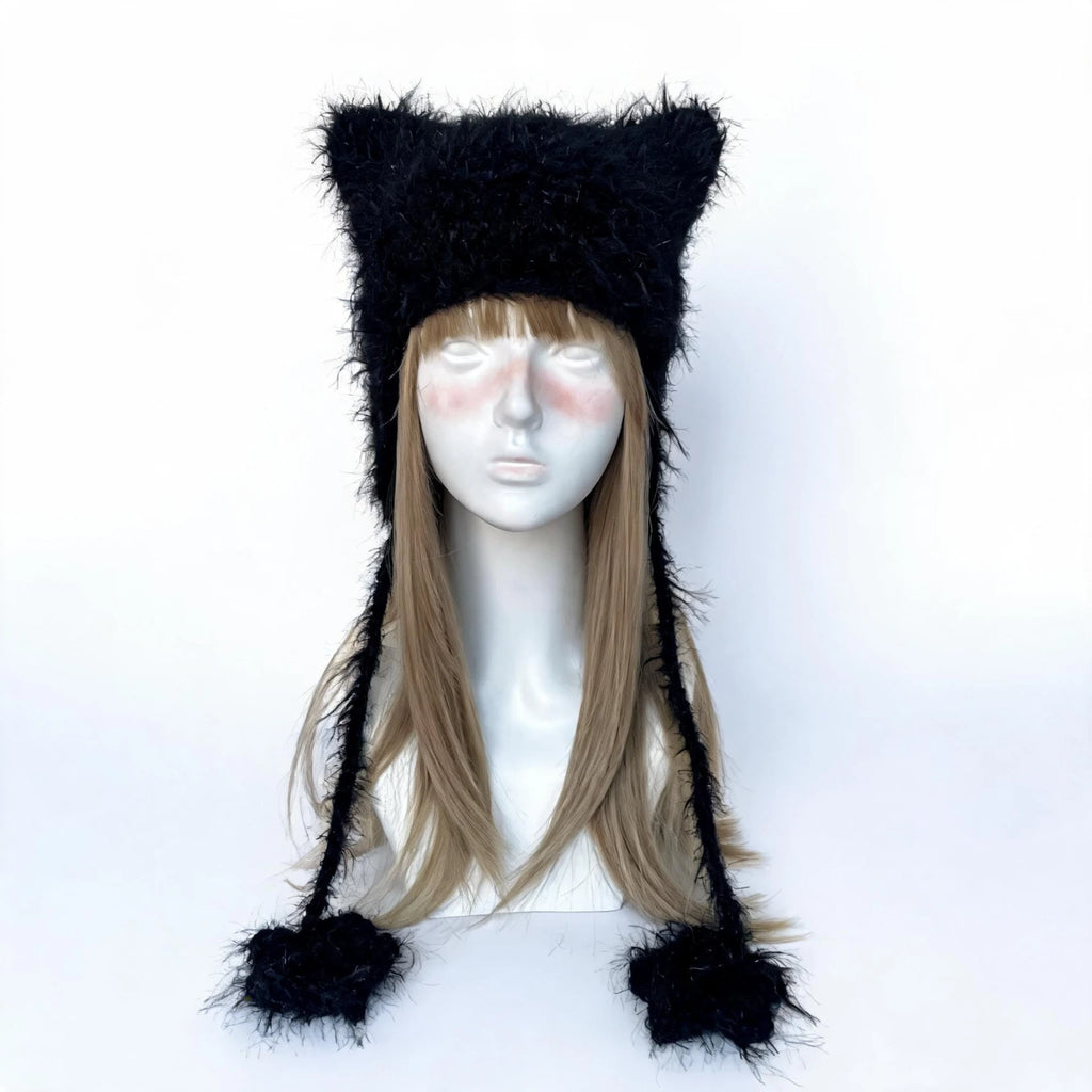 Handmade Crochet Solid Cat Ear Beanie Men Soft Fuzzy Paw Knit Hat Women Winter Warm Custom Goth Daily Y2K Casual Headwarmer