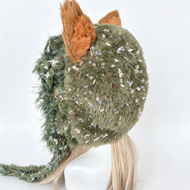 Handmade Green Orange Fox Ear Hat Women Winter Warm Custom Crochet Fuzzy Knit Mushroom Beanie Men Cosplay Wooland Party Caps