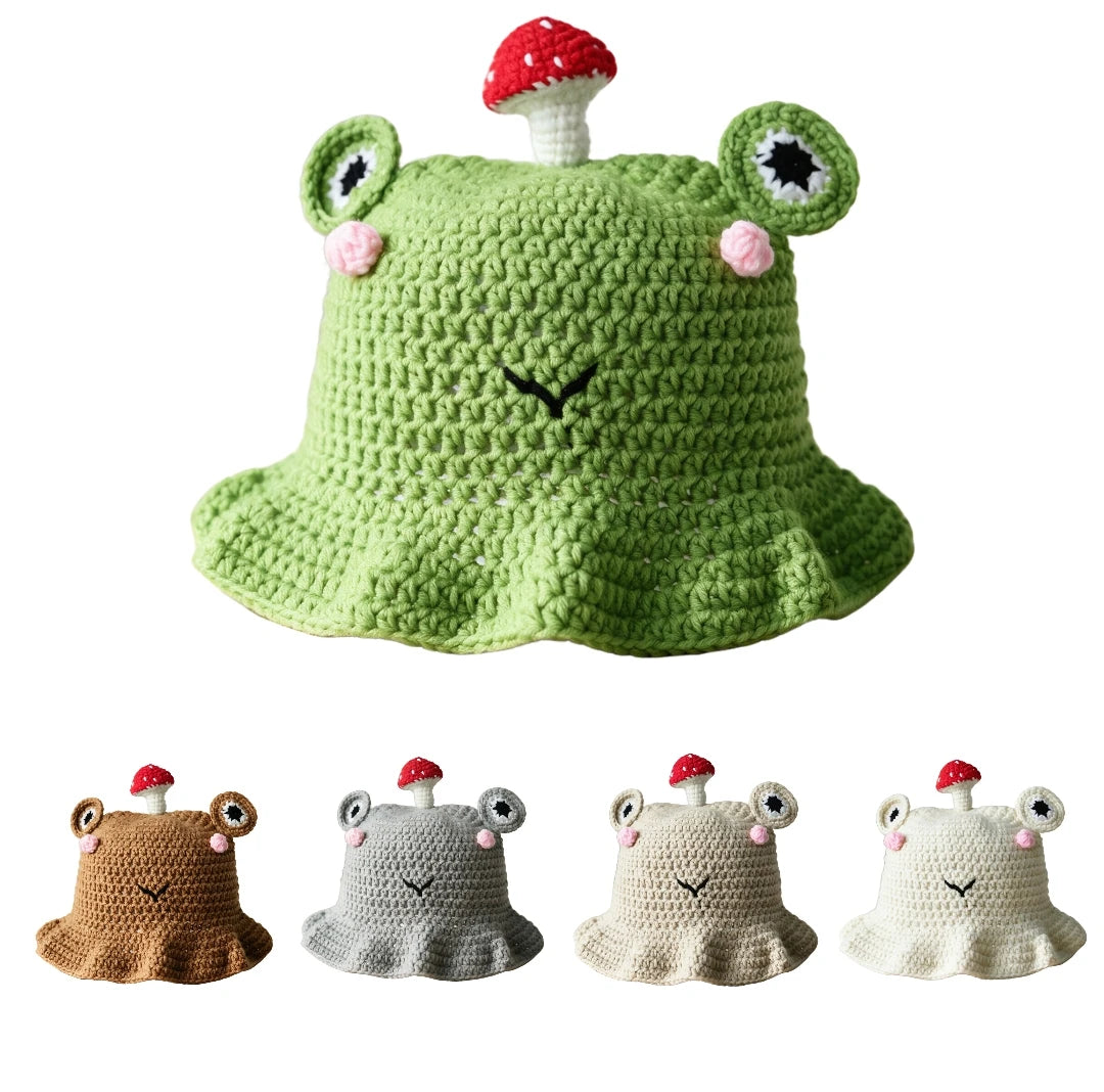 Knotwild hand-hooked crochet frog bucket hat with mushroom decor
