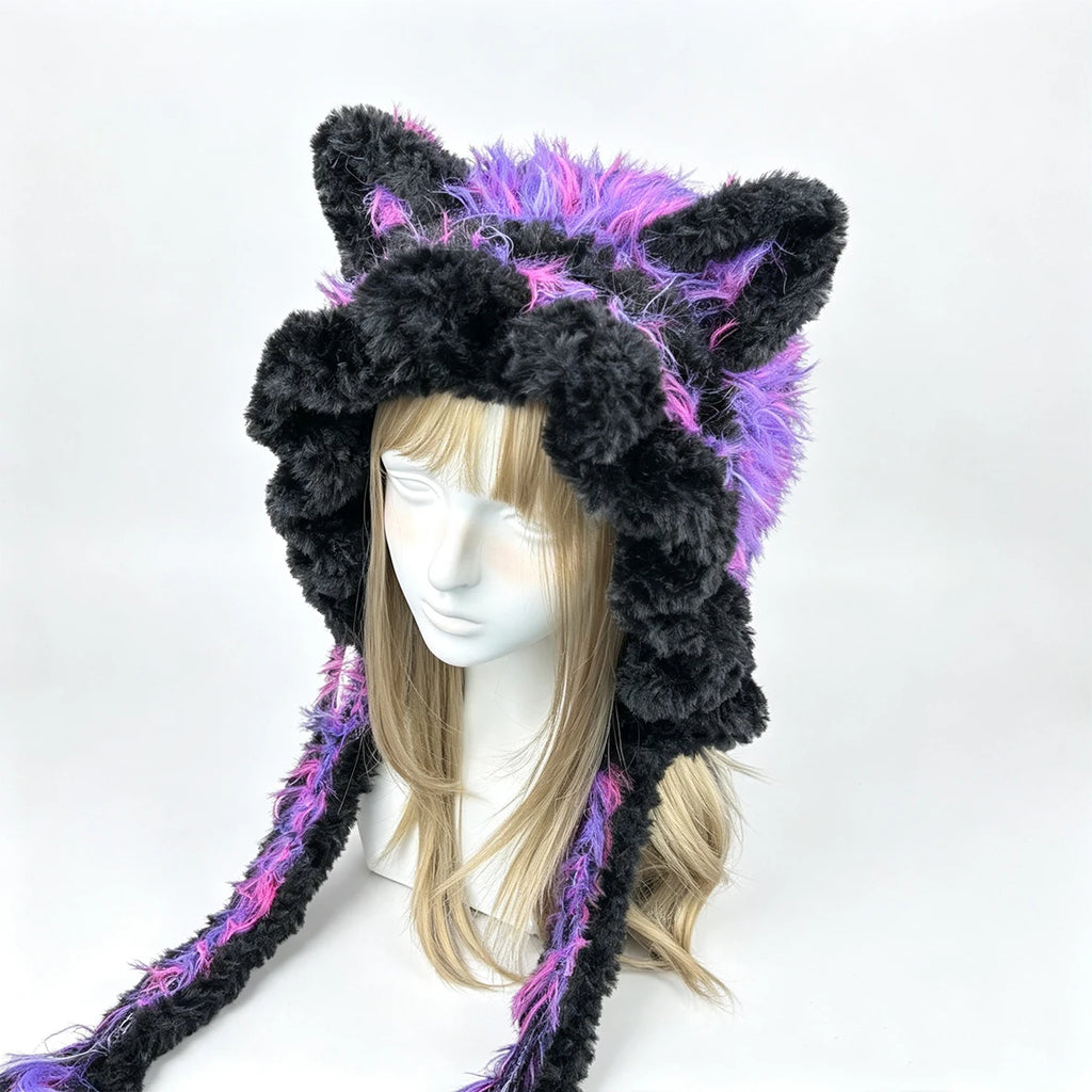 Handmade Crochet Black Purple Cat Ear Hat Men Fuzzy Tassels Knit Winter Warm Hood Goth Halloween Cosplay Beanie Women Custom