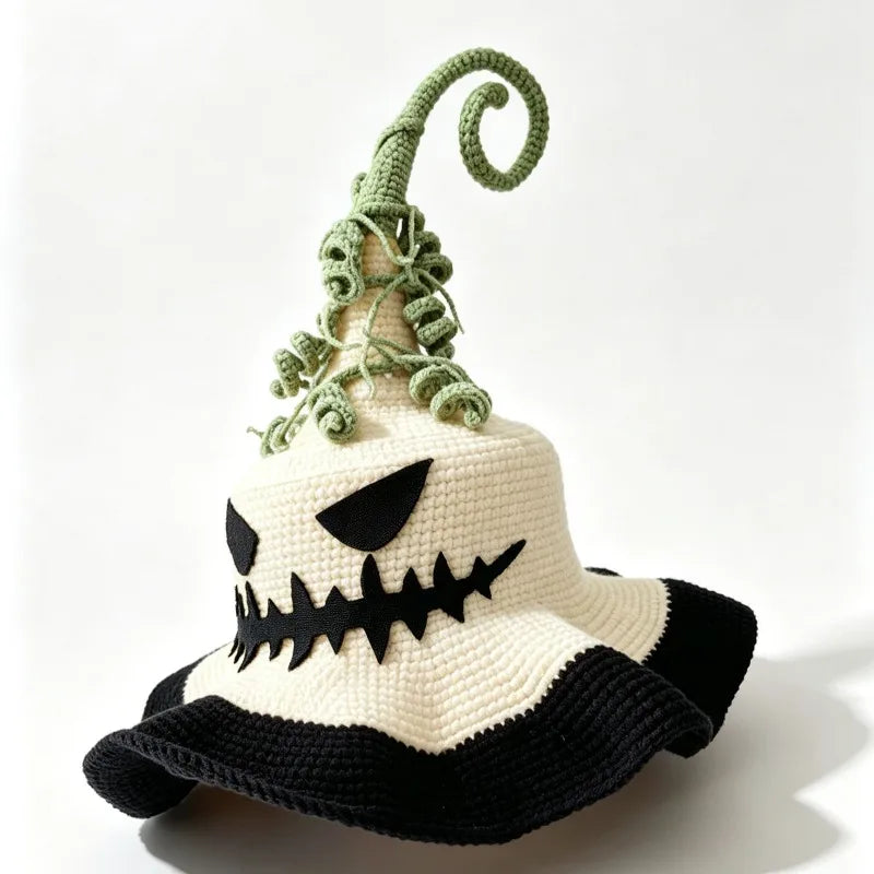 Handmade Crochet Colorful Pumpkin Devil Witch Bucket Hat Women Custom Leaf Ruffled Wizard Beanie Hat Cosplay Halloween Caps