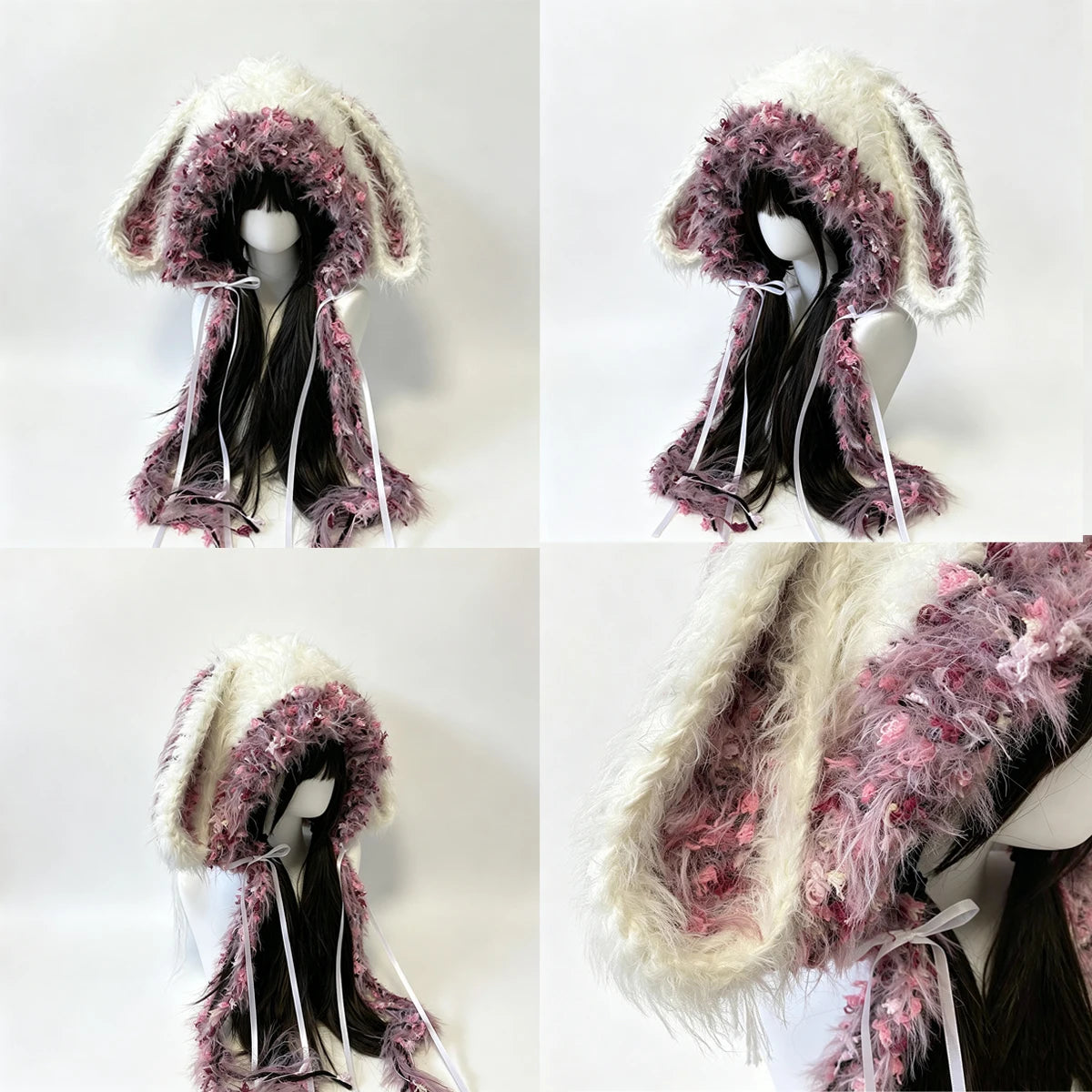 Custom Handmade Crochet Floral White Purple Bunny Ears Hat Wome Plush Knitted Winter Warm Hood Wedding Fairycore Lolita Beanies