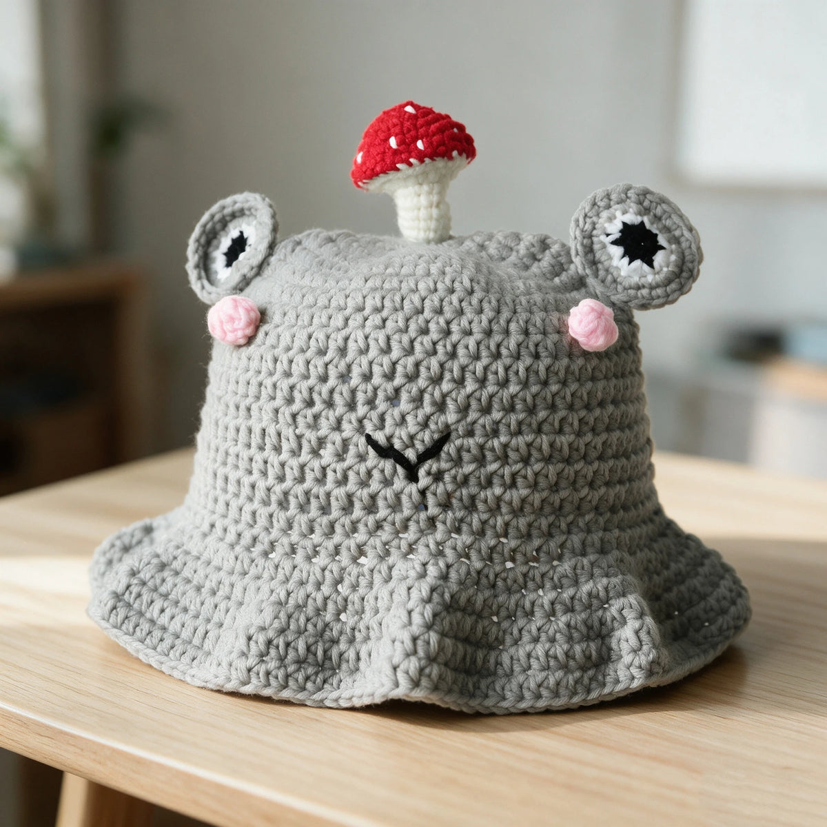 Knotwild hand-hooked crochet frog bucket hat with mushroom decor