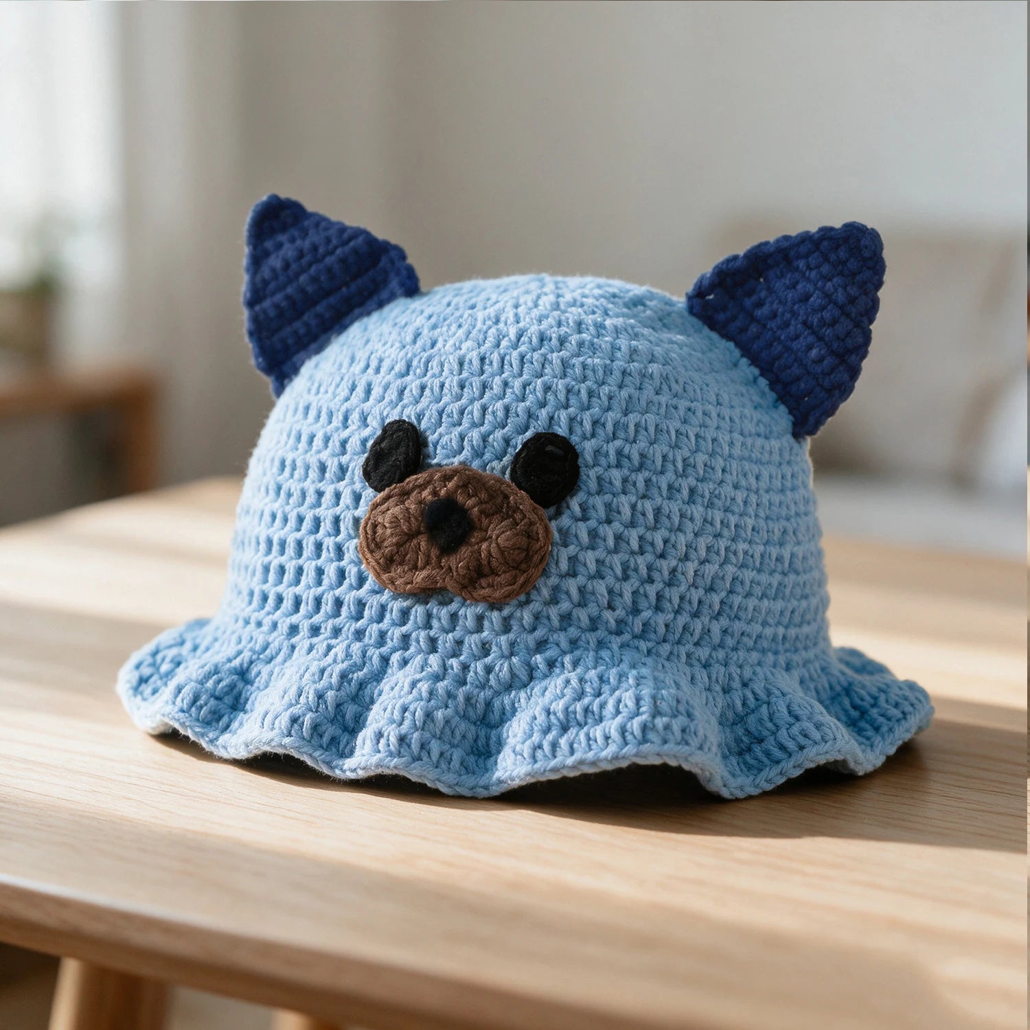 Knotwild handmade crochet dog bucket hat with ruffled brim