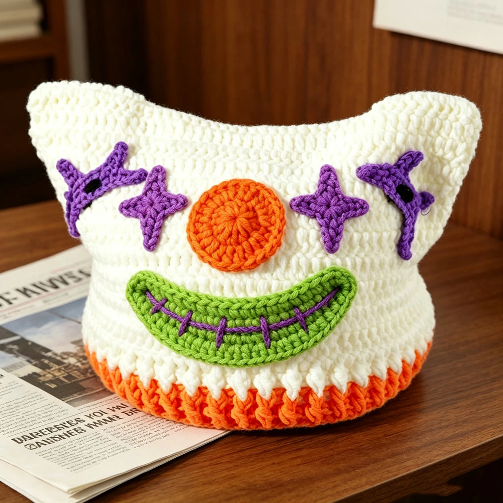 Knotwild white handmade crochet clown cat ear beanie