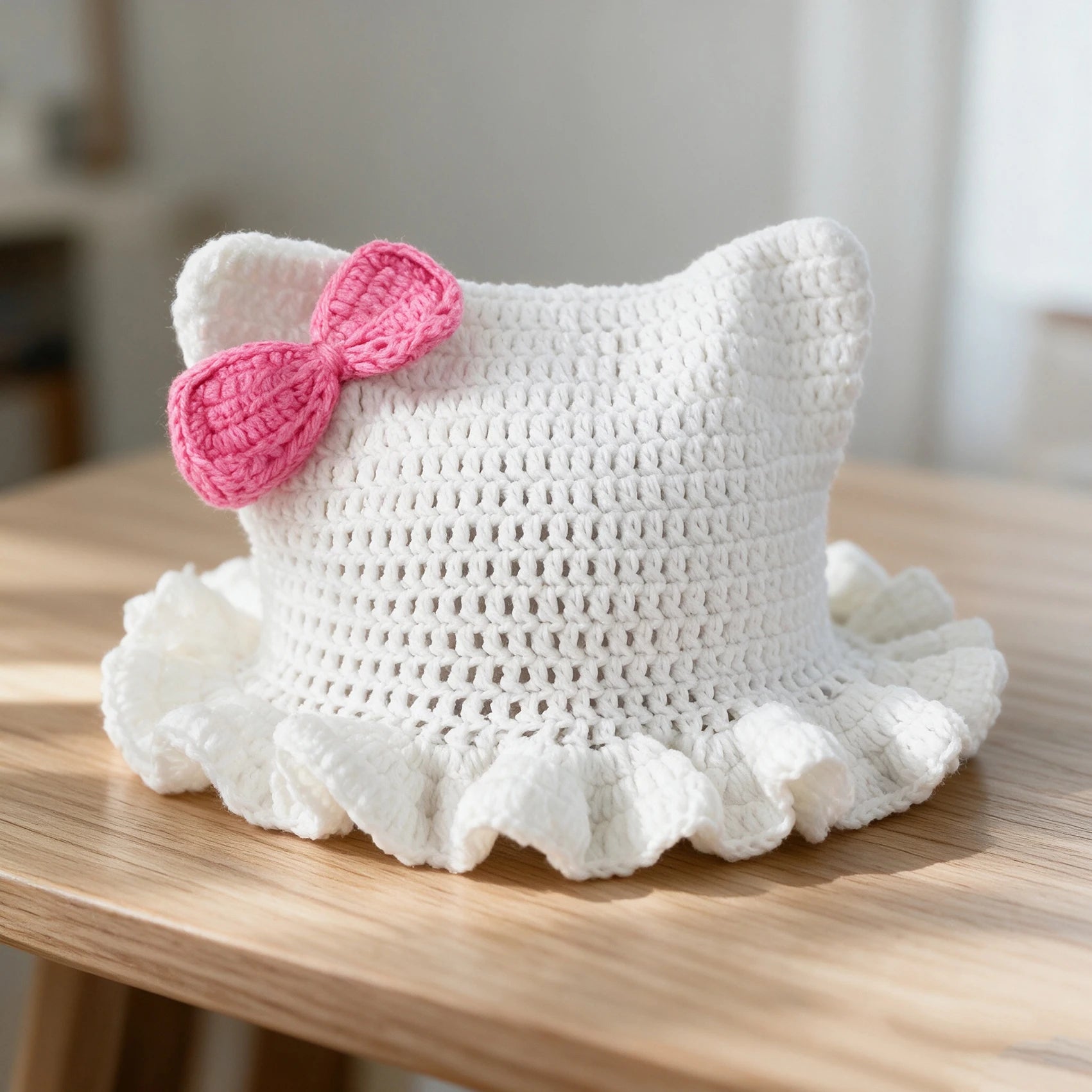 Knotwild crochet cat ear ruffle hat with pink bow for women