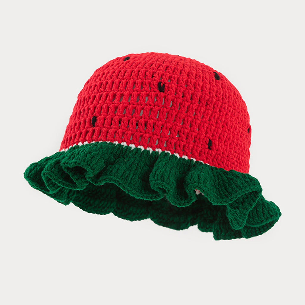 Knotwild watermelon pattern crochet bucket hat with ruffle brim