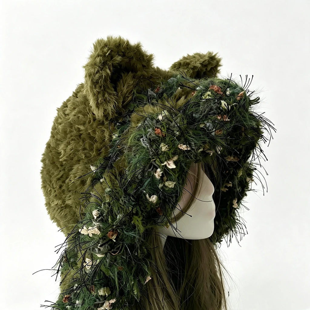 Custom Handmade Crochet Moss Green Cat Ear Plush Woodland Hat Women Fuzzy Soft Knitted Beanie Man Forest Cosplay Winter Hood