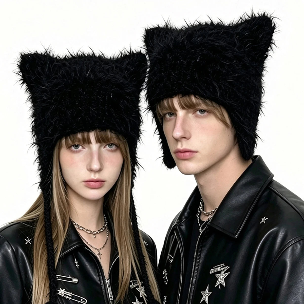 Crochet Cat Ear Beanie Men Soft Fuzzy Paw Custom Knitted Hat For Women Winter Warm Goth Y2K HipHop Halloween Cap Boys
