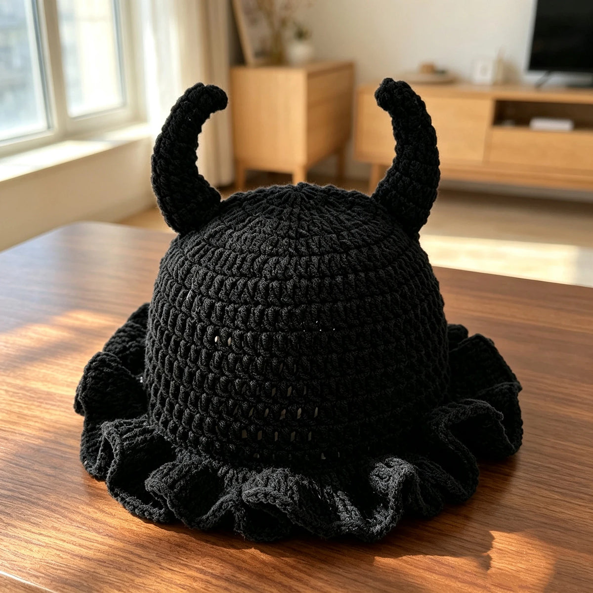 Knotwild cute devil horn crochet bucket hat with ruffle brim