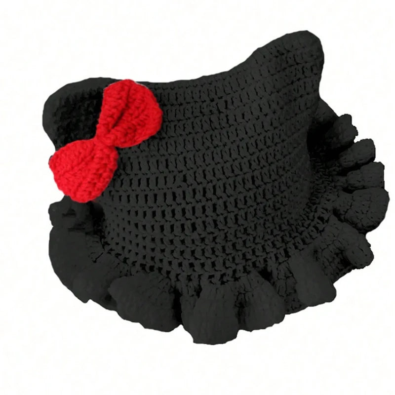 Knotwild crochet cat ear ruffle hat with pink bow for women