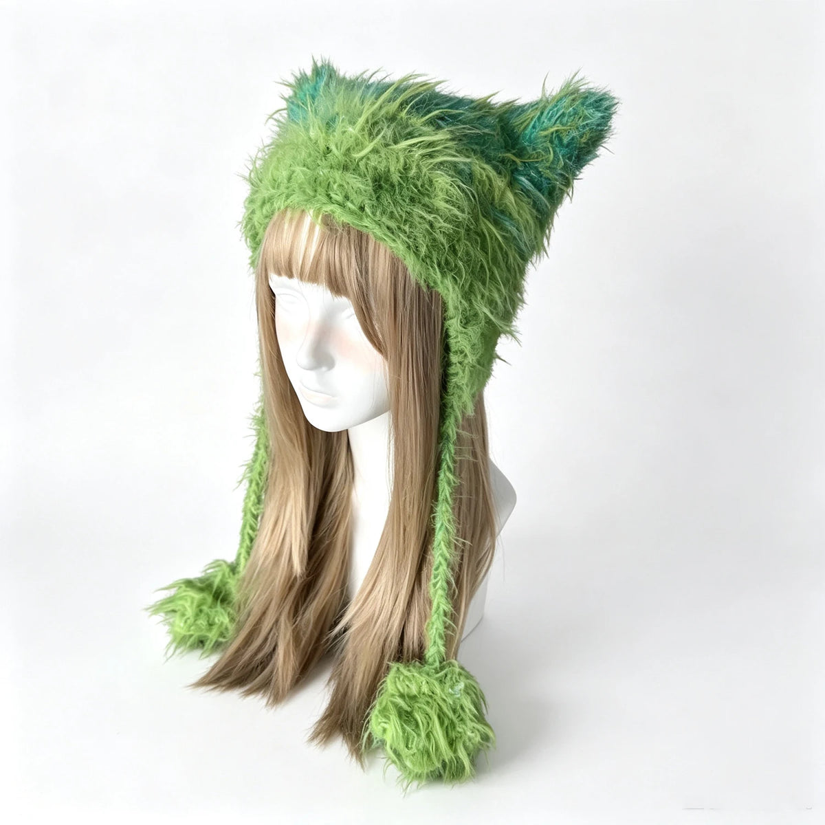 Custom Handmade Crochet Fluffy Lime Green Cat Ear Hat Long Tassels Plush Winter Warm Beanie Y2k Cosplay Aesthetic Gift for Women