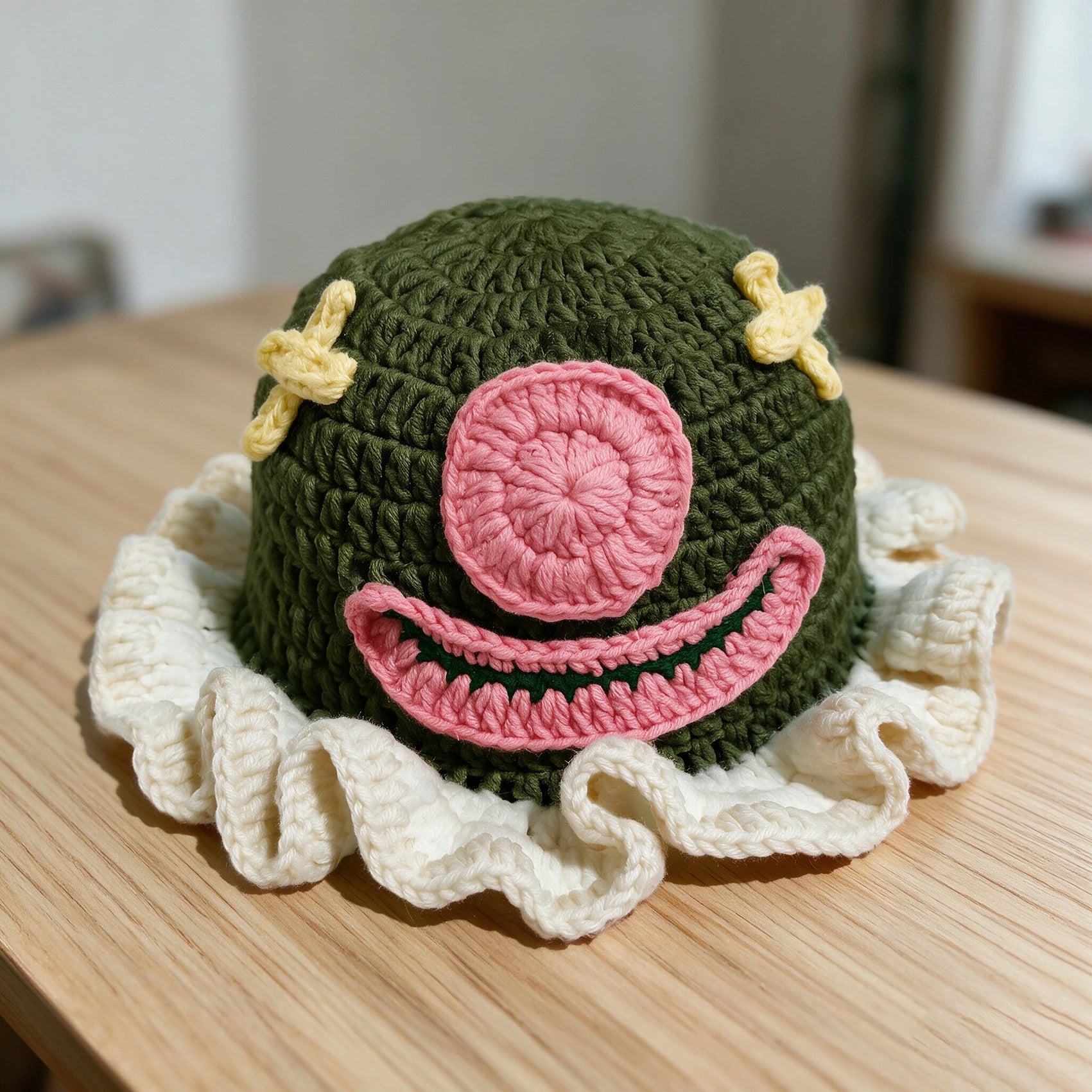 Knotwild handmade crochet clown fisherman hat with smiley face