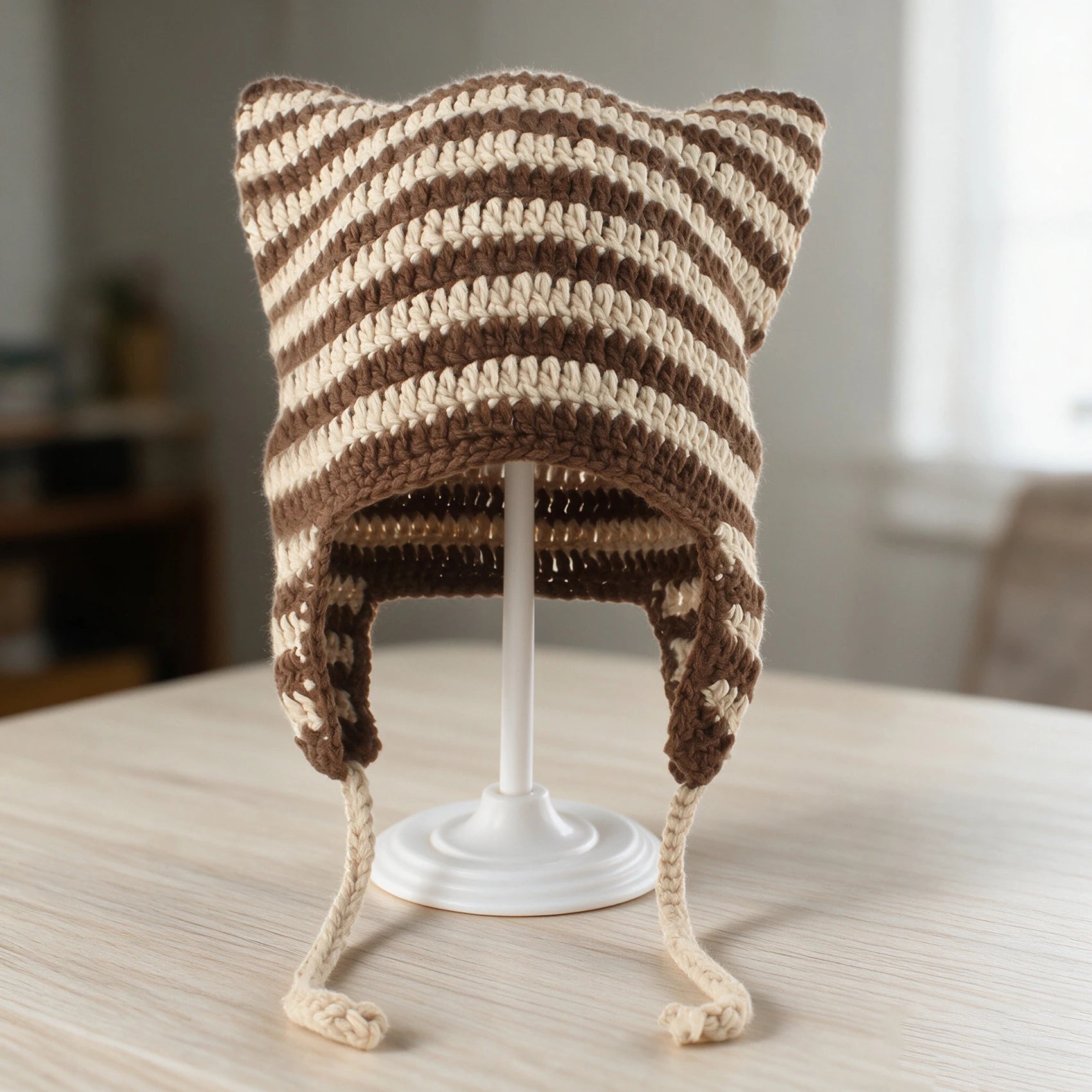 Knotwild striped cat ear crochet earflap winter beanie