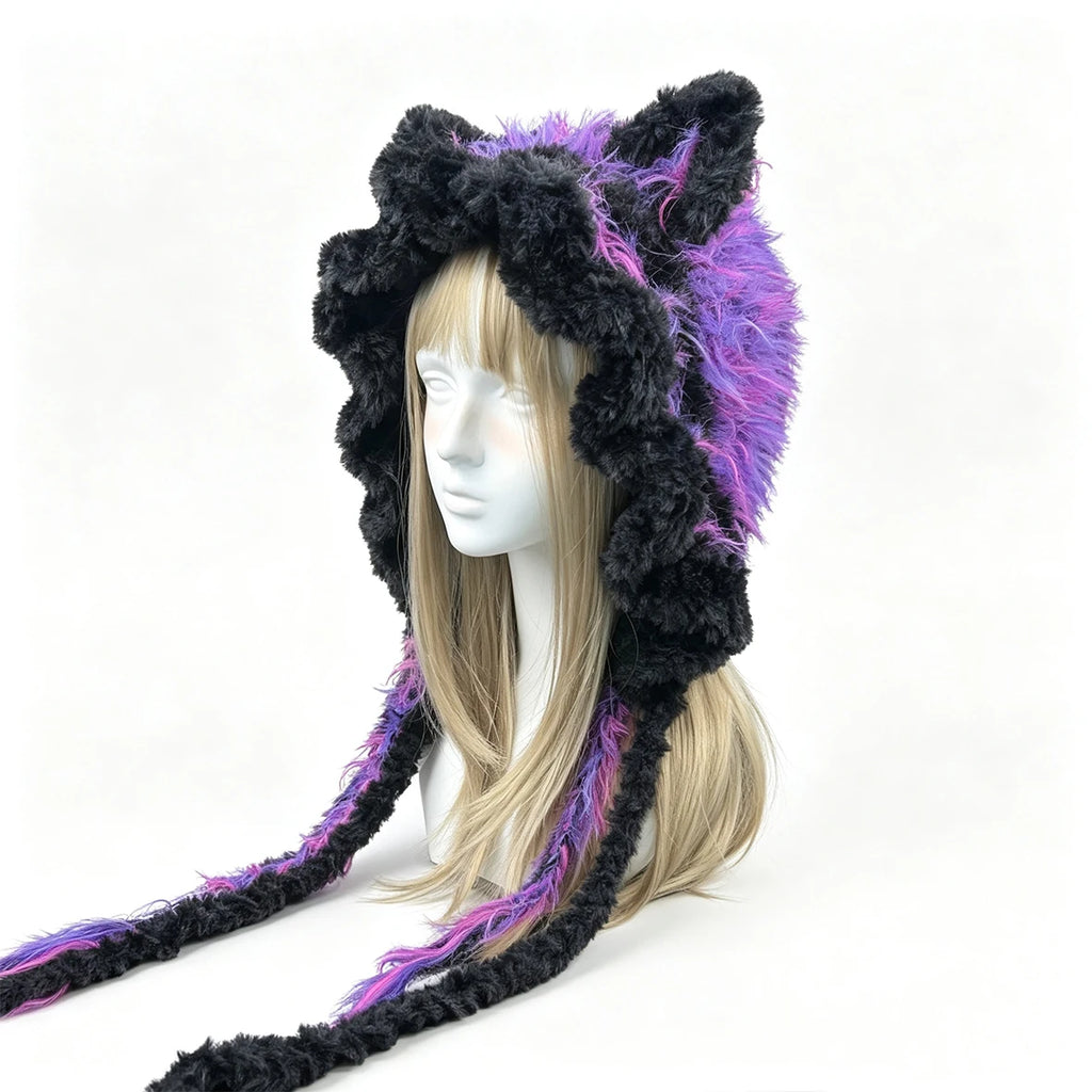 Handmade Crochet Black Purple Cat Ear Hat Men Fuzzy Tassels Knit Winter Warm Hood Goth Halloween Cosplay Beanie Women Custom