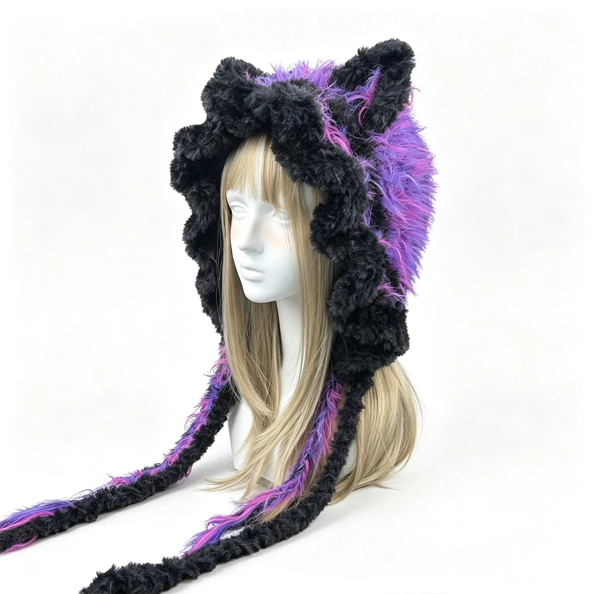 Handmade Crochet Black Purple Cat Ear Hat Men Fuzzy Tassels Knit Winter Warm Hood Goth Halloween Cosplay Beanie Women Custom