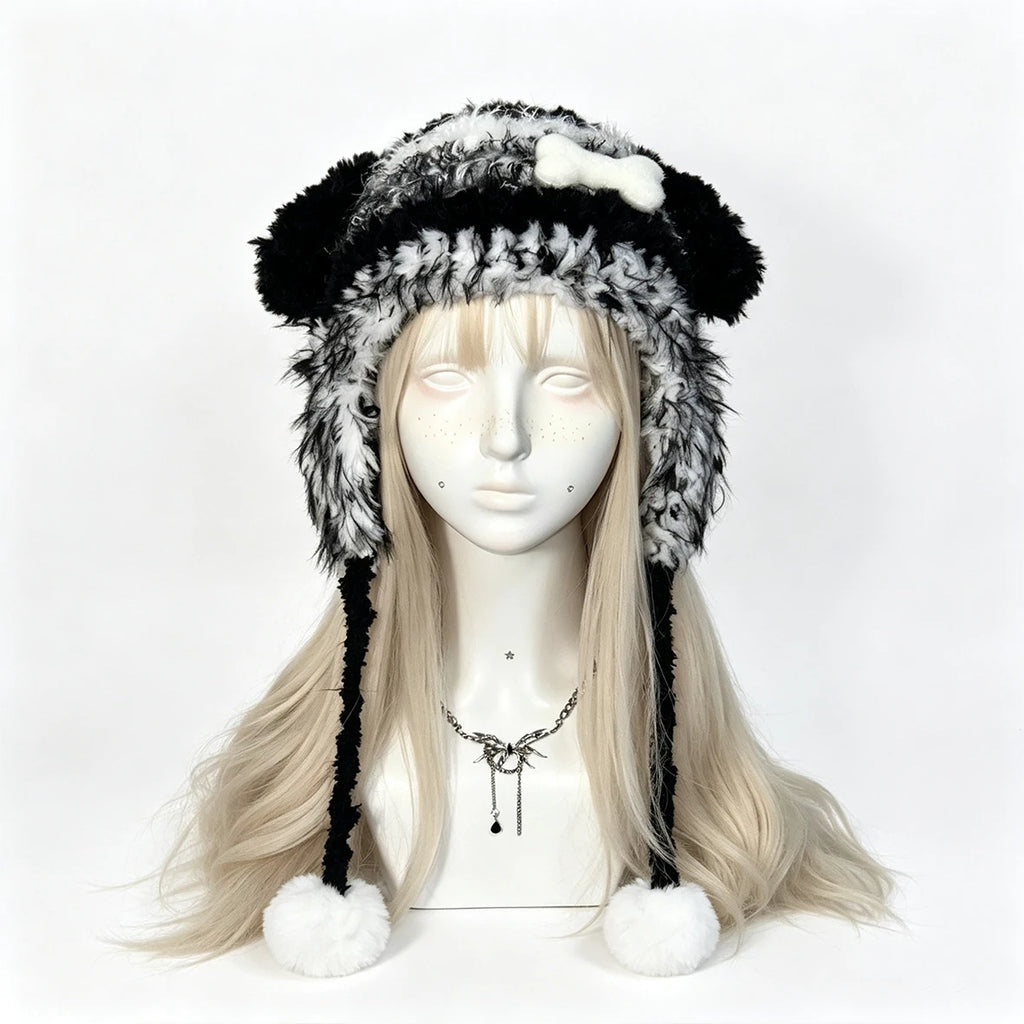 Custom Handmade Crochet Grey Puppy Ear Hat Women Soft Plush Bone Charm Knitted Beanie Men Kawaii Cosplay Winter Warm Earflap Hat