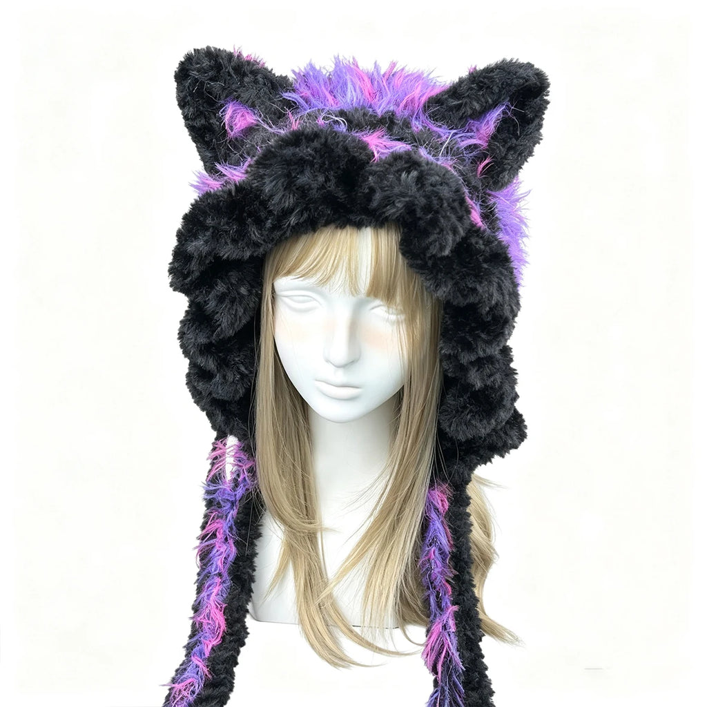 Handmade Crochet Black Purple Cat Ear Hat Men Fuzzy Tassels Knit Winter Warm Hood Goth Halloween Cosplay Beanie Women Custom