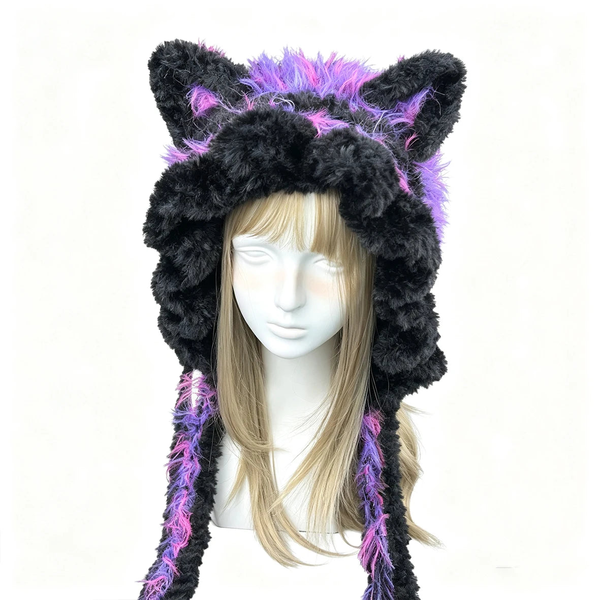 Handmade Crochet Black Purple Cat Ear Hat Men Fuzzy Tassels Knit Winter Warm Hood Goth Halloween Cosplay Beanie Women Custom
