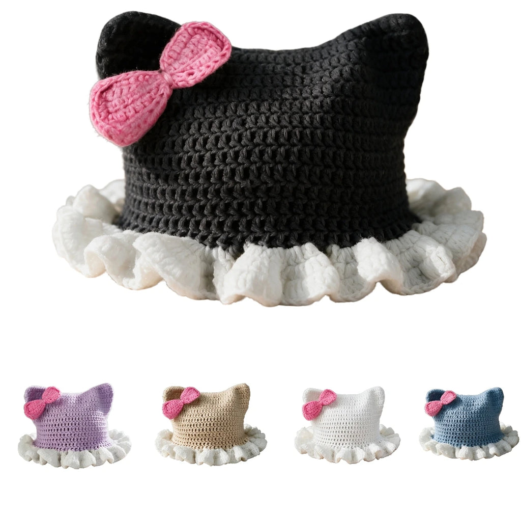 Knotwild crochet cat ear ruffle hat with pink bow for women