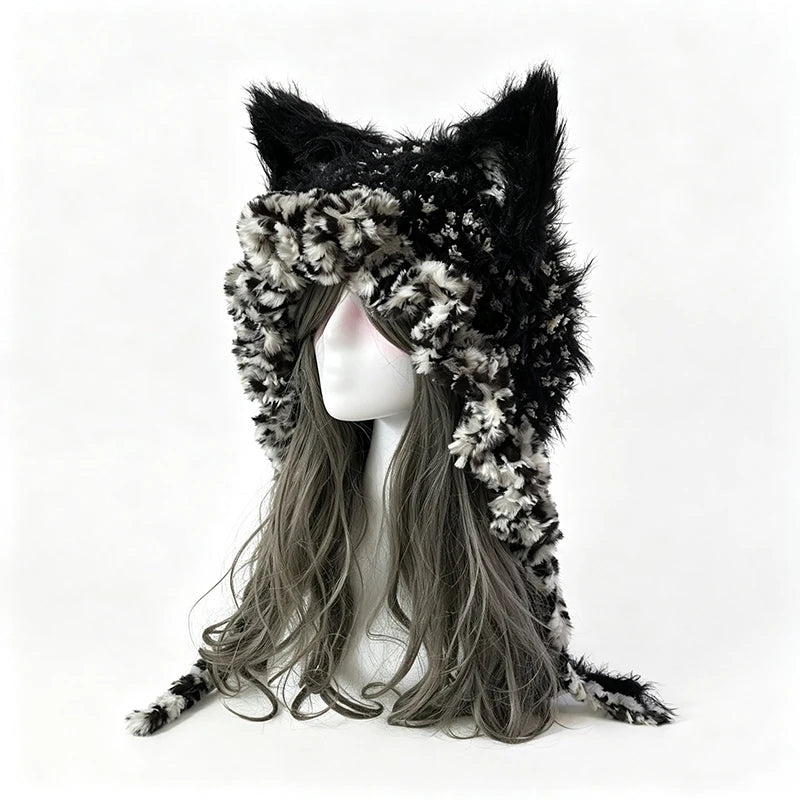 Handmade Black Grey Fox Ear Beanie Women Winter Warm Custom Crochet Plush Knit Ruffled Hat Men Gothic Cosplay Casual Unisex Caps