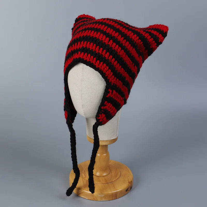 Knotwild striped cat ear crochet earflap winter beanie