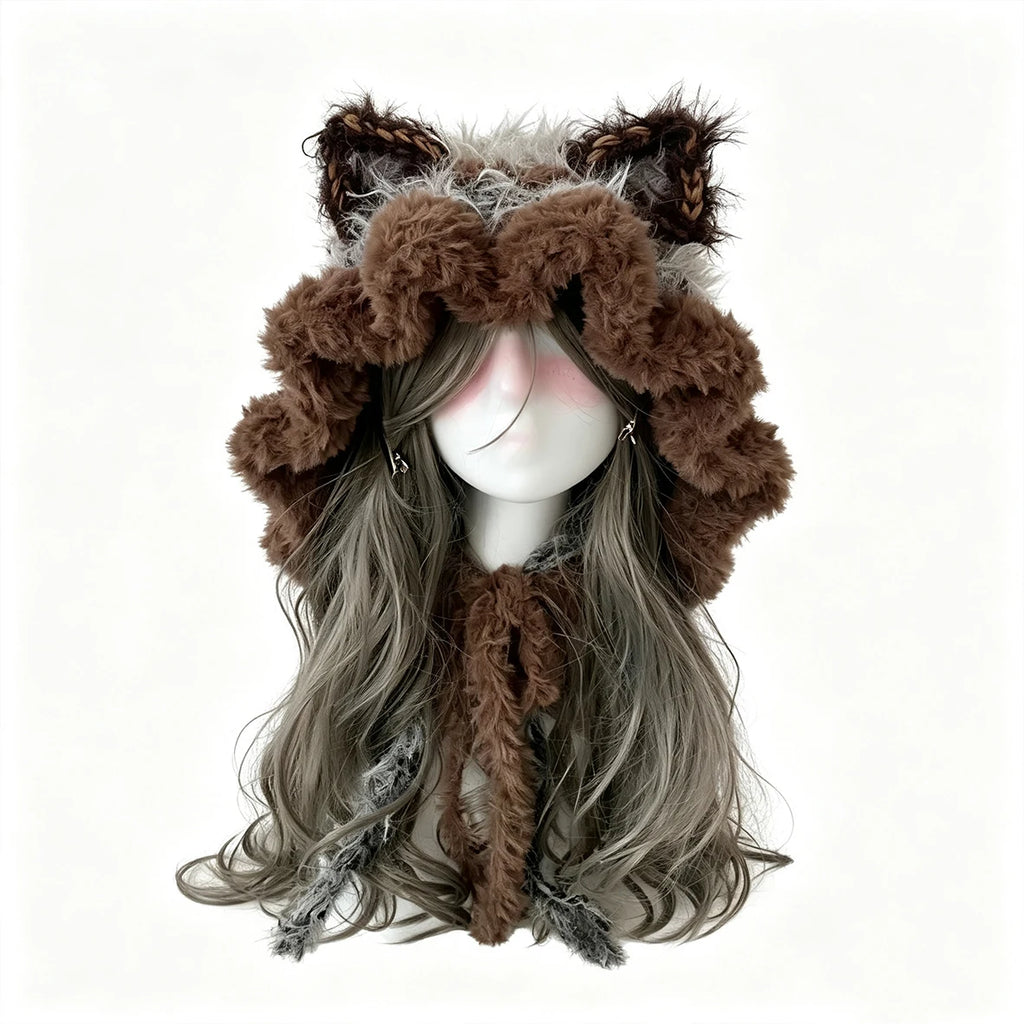 Handmade Custom Crochet Brown Grey Cat Ear Hat Women Soft Fluffy Knitted Beanie Men Winter Warm Casual Cosplay Goblincore Gift
