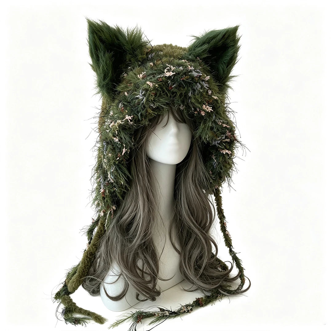 Custom Handmade Crochet Moss Green Fox Ear Hat Women Plush Floral Knitted Beanie Men Goblincore Cosplay Forest Winter Warm Hood
