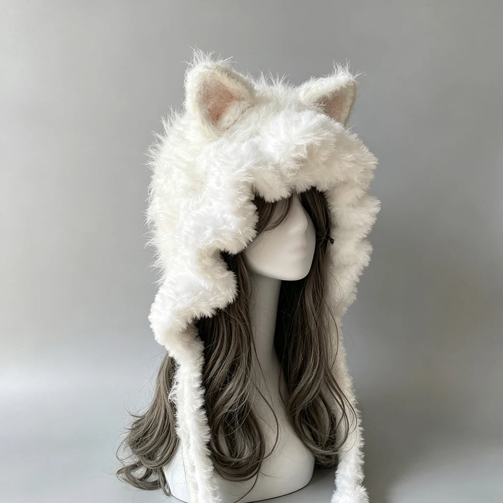 Handmade White Cat Ear Crochet Beanie Women Fuzzy Ruffled Knit Winter Hat Kawaii Fairycore Goblincore Animal Ear Custom Hood
