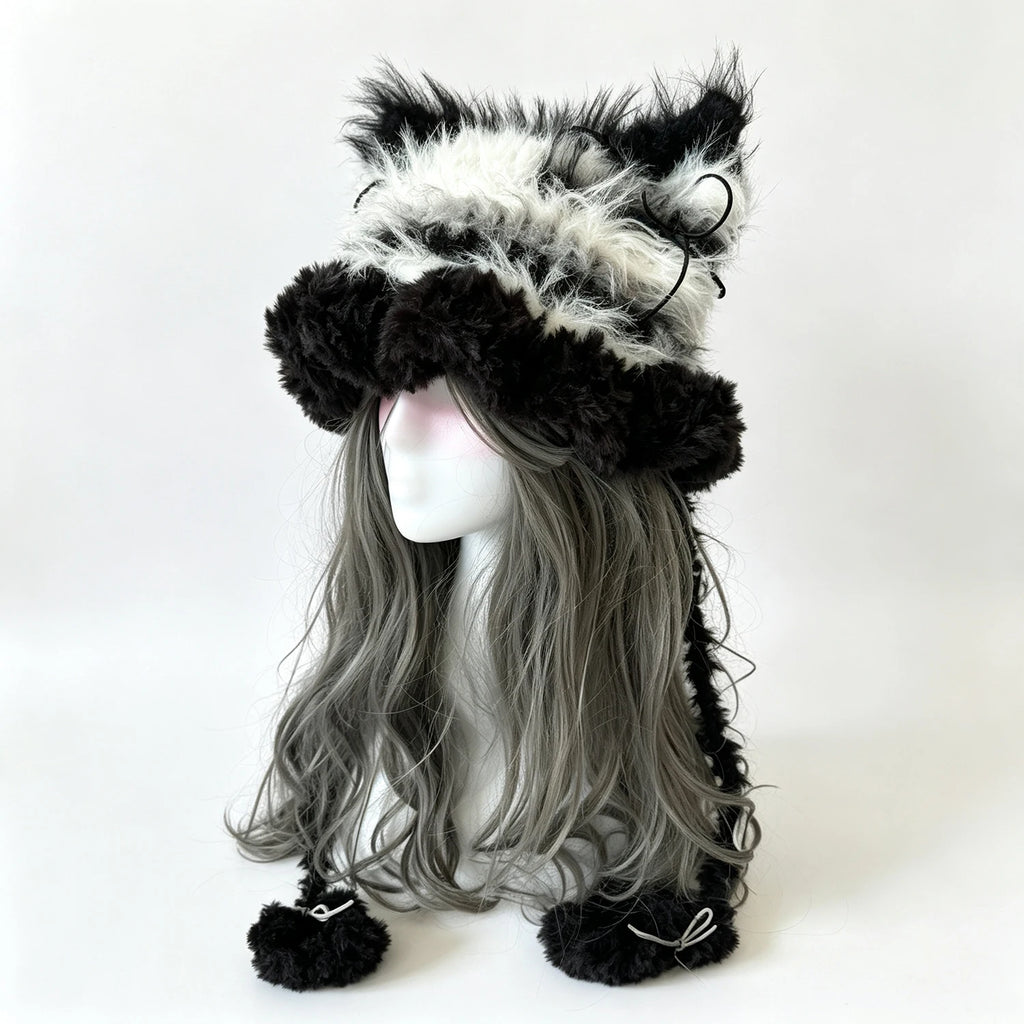 Handmade Striped Crochet Cat Ear Hat Women Black White Cozy Paw Knit Beanie Men Kawaii Goblincore Lolita Winter Warm Headwarmer