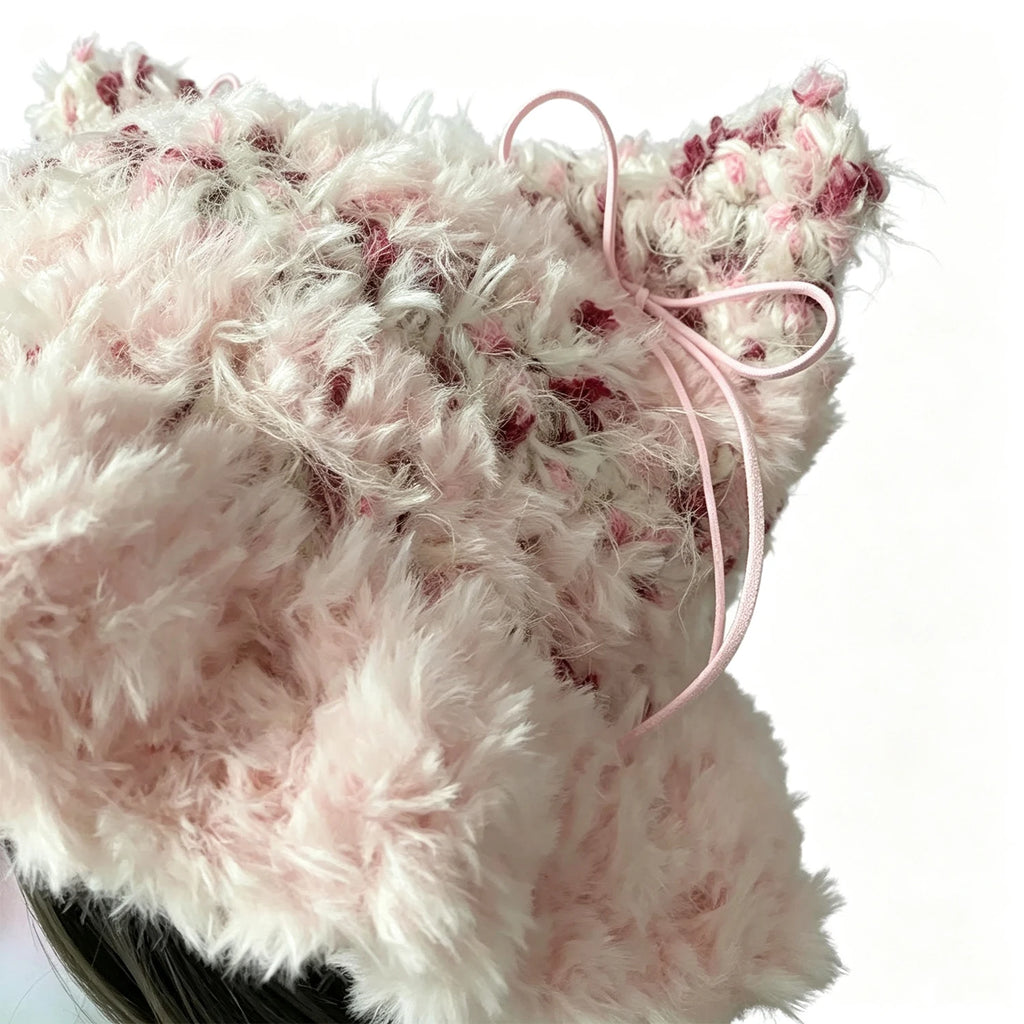 Custom Handmade Crochet Kawaii Pink Cat Ear Hat Women Fuzzy Ruffled Paw Knitted Beanie Girl Lolita Sweet Winter Plush Headwarmer