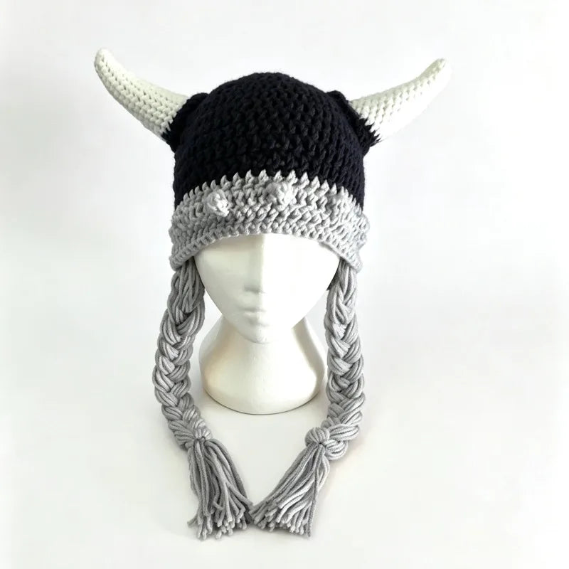 Handmade Colorful Viking Cow Horn Helmet Hat Men Custom Crochet Knit Braid Beanie Women Cosplay Party Unisex Outdoor Cap Boy