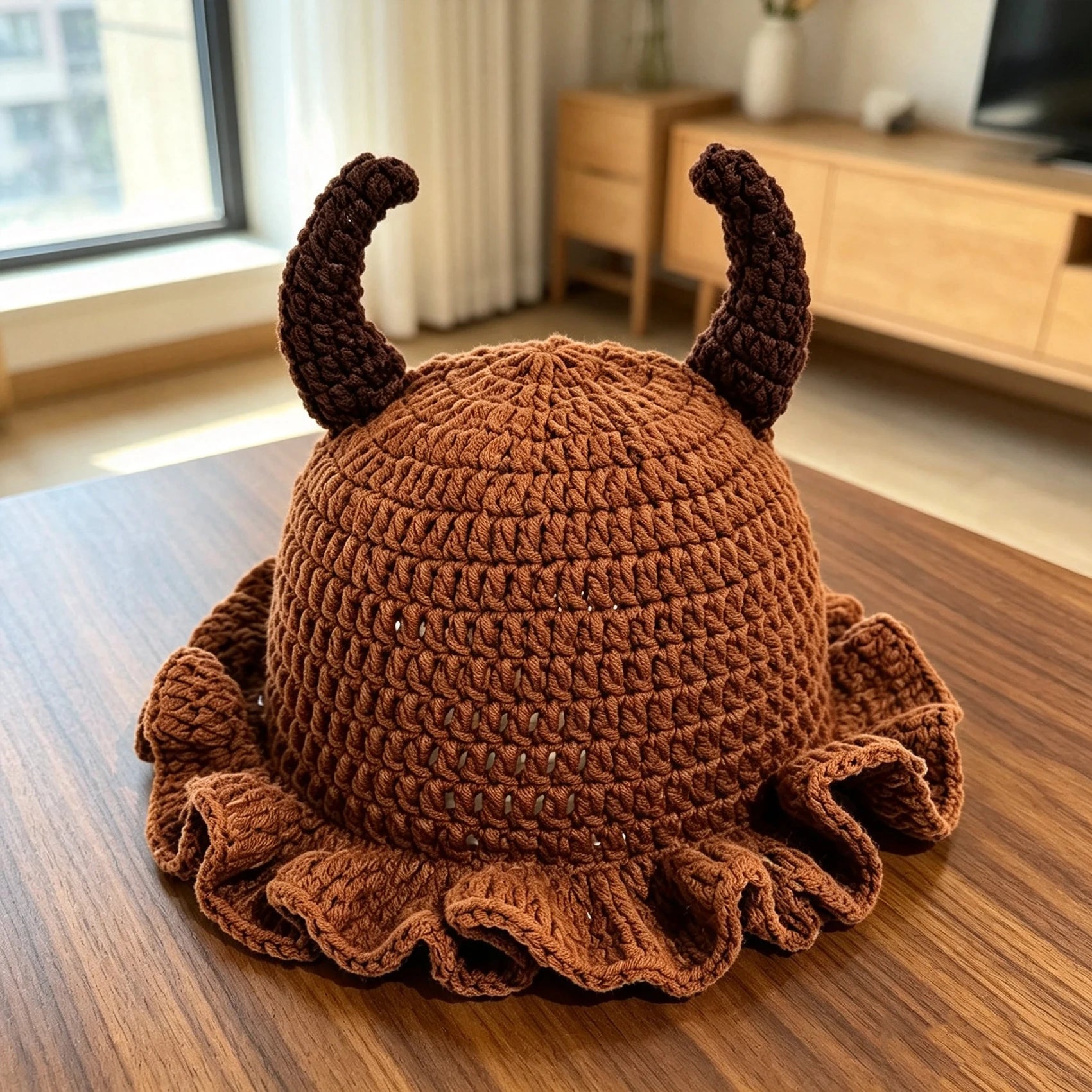 Knotwild cute devil horn crochet bucket hat with ruffle brim