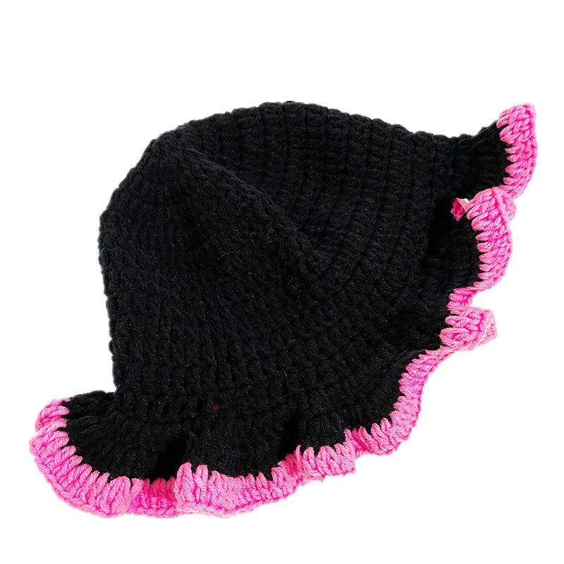 Knotwild cute heart patch crochet bucket hat with ruffle edge