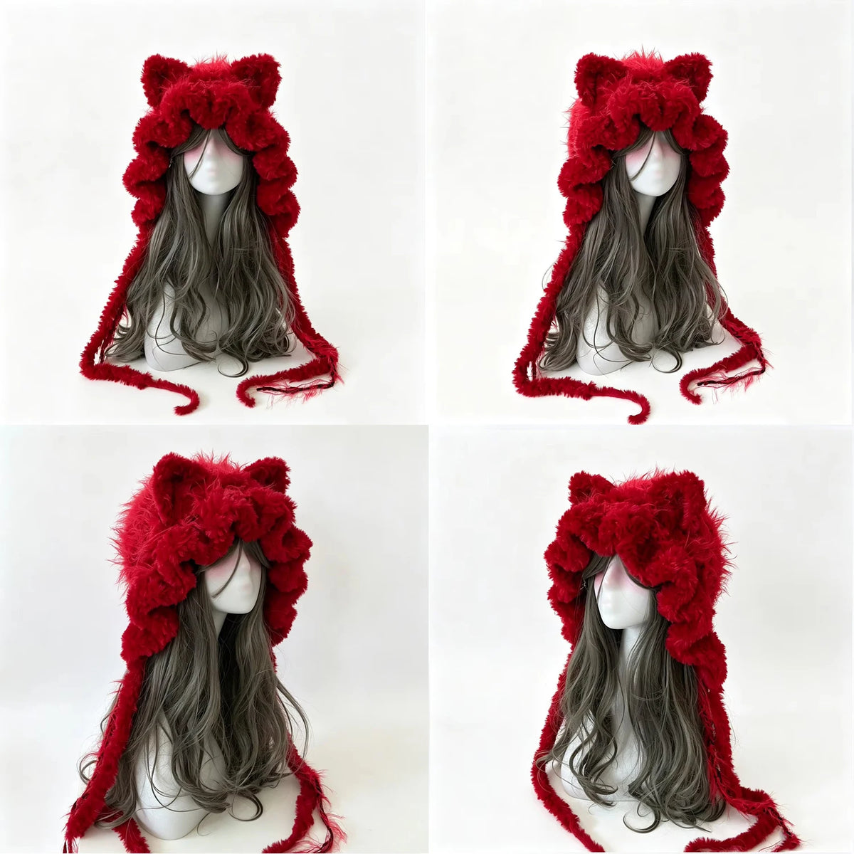 Customizable Crochet Red Cat Ear Hat Faux Fur Mixed Yarn Hood Winter Fluffy Beanie Kawaii Gothic Fairycore Rave Cosplay Headwear