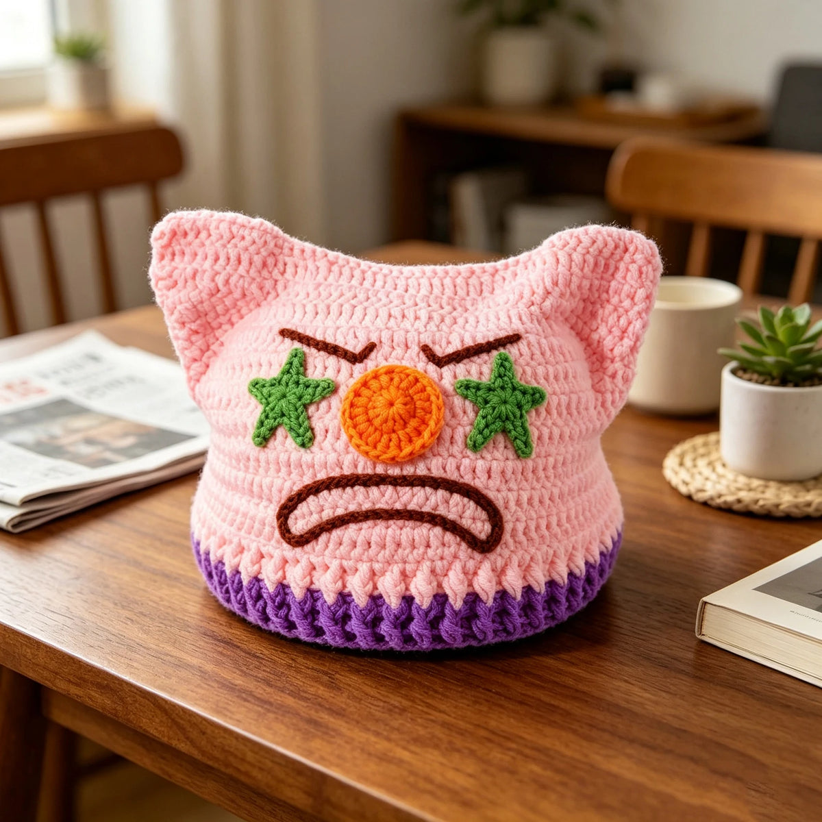 Knotwild pink handmade crochet clown knit beanie for women