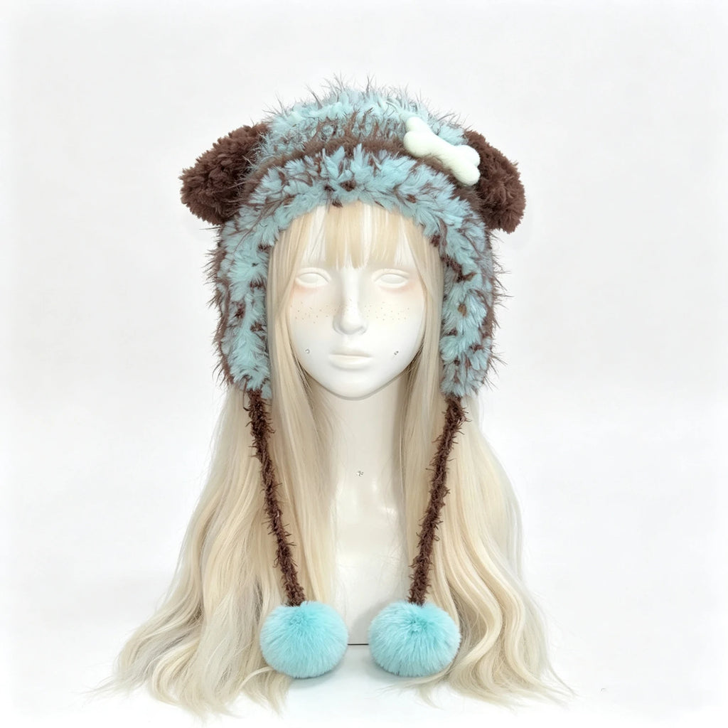 Custom Handmade Crochet Mint Chocolate Puppy Ear Hat Man Cozy Bone Pom Charm Knitted Beanie Women Kawaii Cosplay Winter Earflap