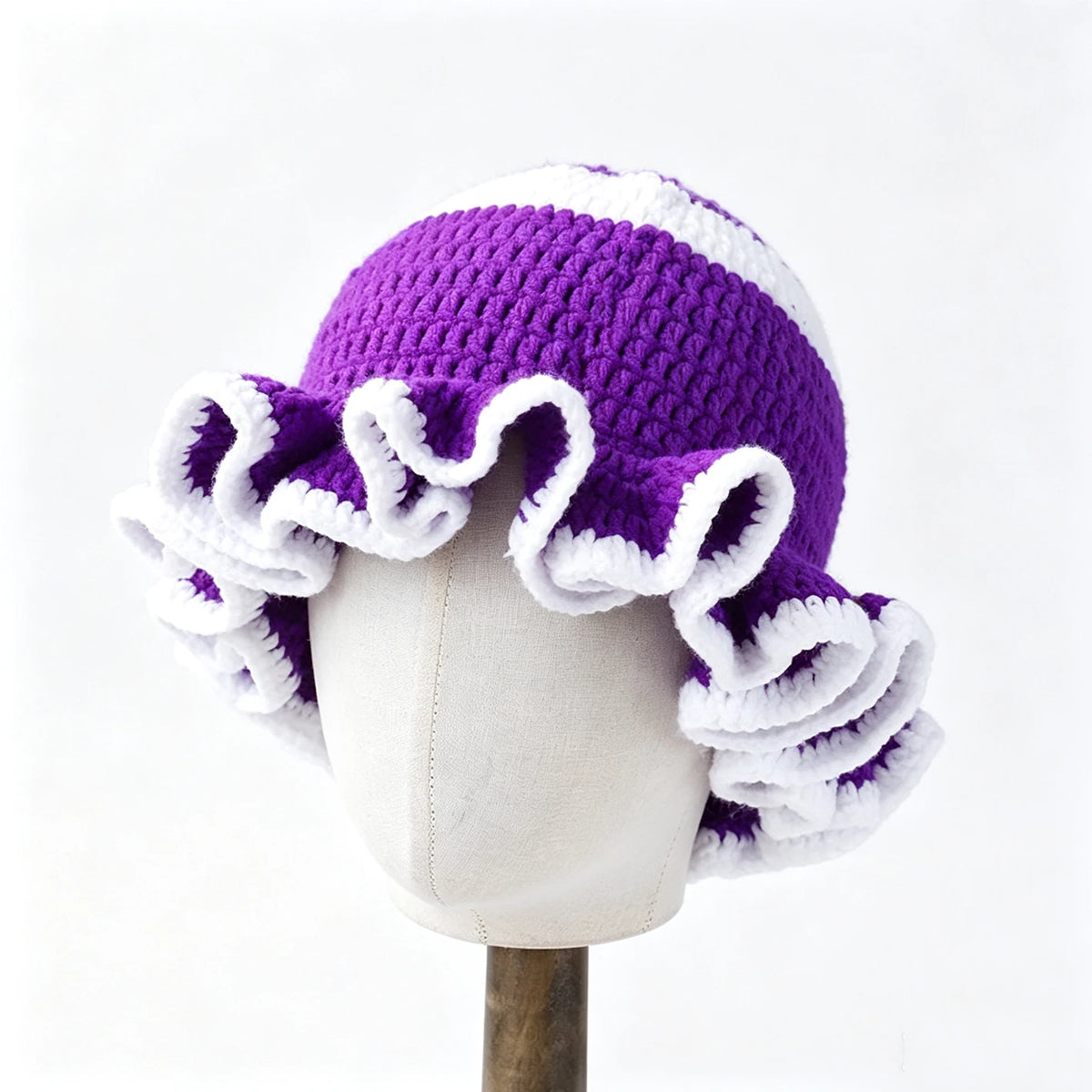 Knotwild two-tone ruffle crochet wide-brim folded bucket hat